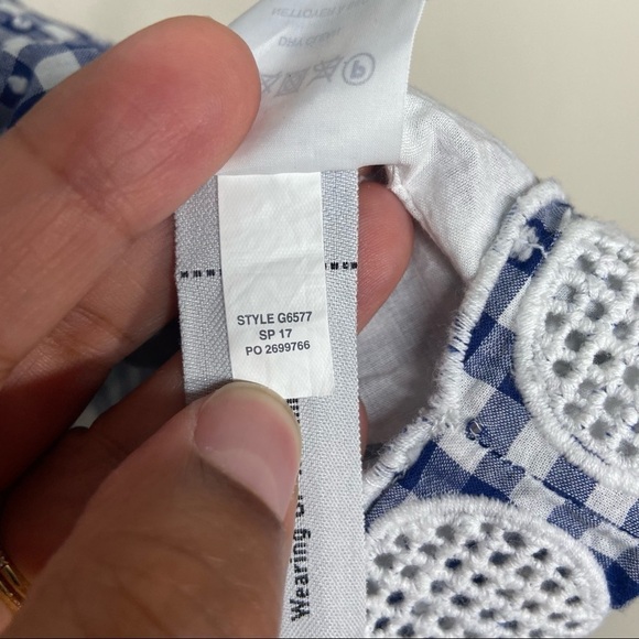 J Crew Blue White Gingham Plaid Ruffle Eyelet Tie Shoulder Top Blouse Size 12 - Picture 5 of 10
